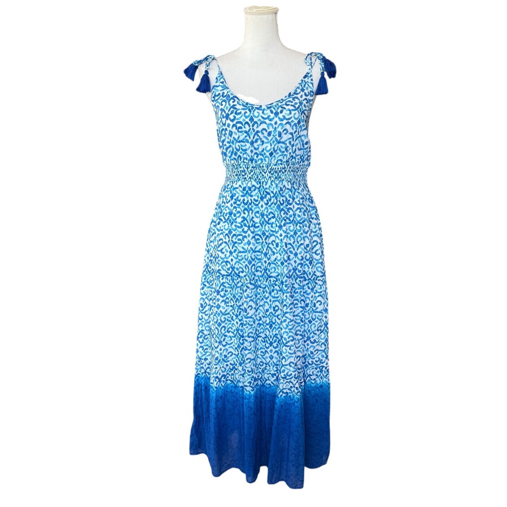 Tommy Bahama Blue White Ikat Ombre Cotton Maxi Dress Tassel Ties Small